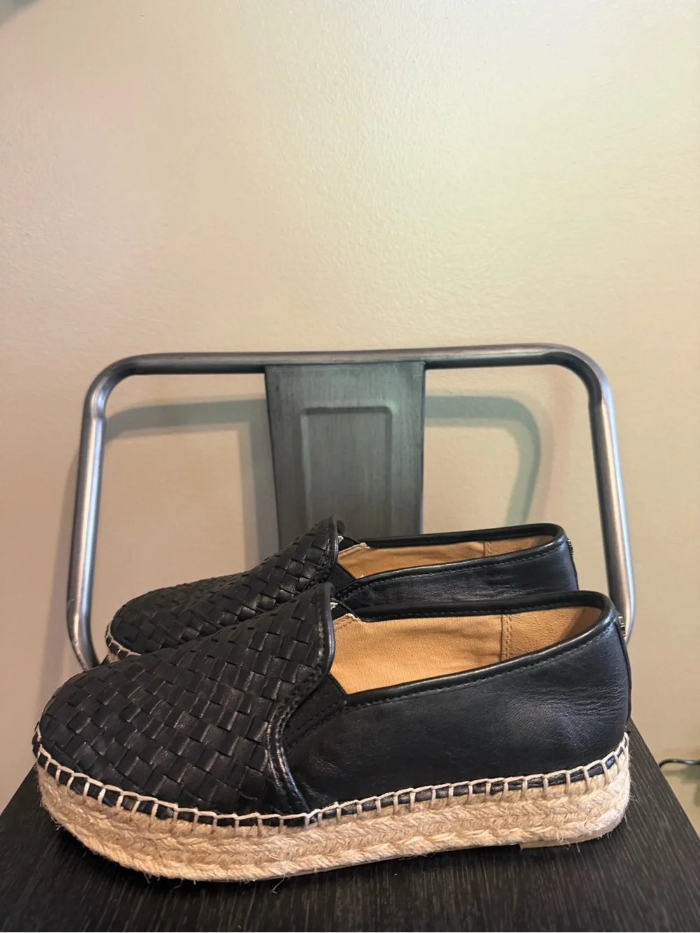 Sam Edelman Catherine Woven Platform Espadrilles Black Leather Slip On 8